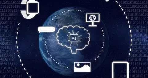Image of ai data processing and icons over globe and dark background Foto stock