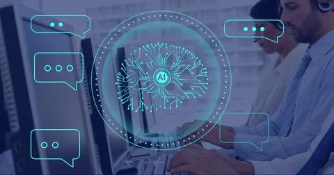 Image of ai data processing and brain over diverse people using computers Stock Photos