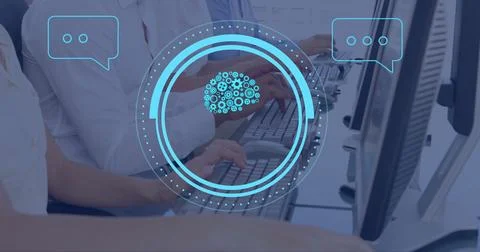 Image of ai data processing and brain over diverse people using computers Stock Photos