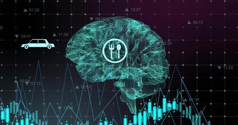 Image of ai data processing and brain over black background 스톡 사진