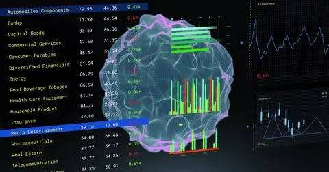 Image of ai data processing and globe over black background Foto stock