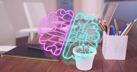 Image of ai data processing icon over laptop and tablet in office 스톡 사진