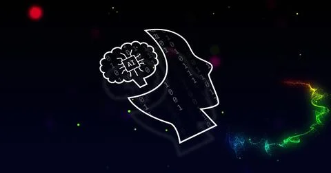 Image of ai data processing with icon over light trails and dark background Stock Photos