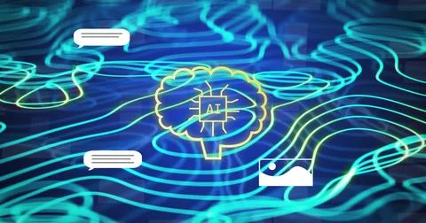 Image of ai data processing over blue glowing lines on dark background Stock Illustration