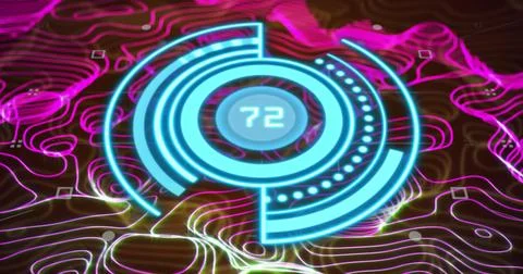 Image of ai data processing over blue glowing lines on dark background Stockillustratie