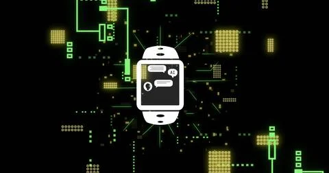Image of ai data processing over smartwacth and computer circuit board Stock Illustration