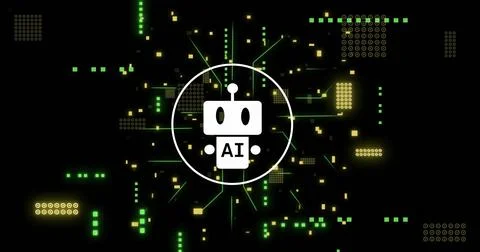 Image of ai data processing over chat bot and computer circuit board Illustrazione stock