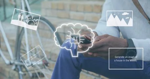 Image of ai data processing over african american man using smartphone Foto stock