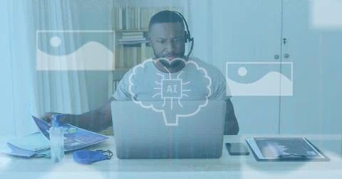 Image of ai data processing over african american businessman using laptop 写真素材