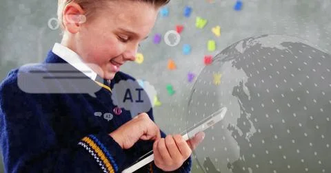 Image of ai data processing over caucasian boy using tablet 스톡 사진