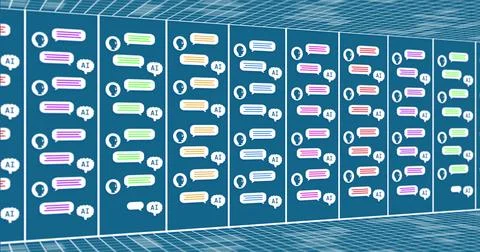Image of ai data processing over ai icons with computer servers Stock Photos