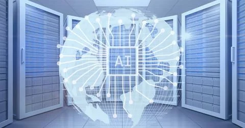 Image of ai data processing over globe connections with ai icons and servers Stock Photos
