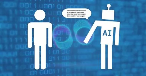 Image of ai data processing over binary coding with ai icons Stock Photos
