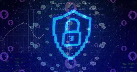 Image of ai data processing over connections with ai icons and padlock 스톡 사진