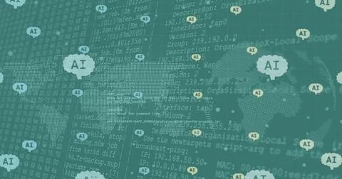 Image of ai data processing over connections with ai icons with globe Stock Photos
