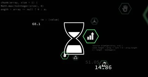 Image of ai data processing over hourglass icon and dark background Stock Photos