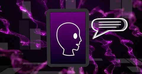 Image of ai data processing over tablet and purple background Stockfoto's