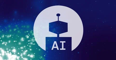 Image of ai data processing over lights on dark background 库存照片