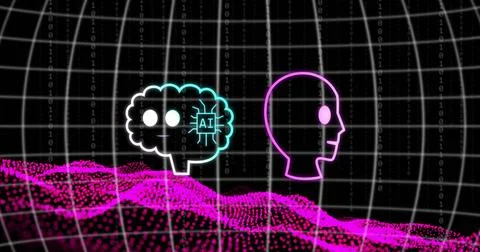 Image of ai data processing over purple mesh and dark background Stock Photos