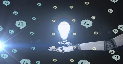 Image of ai data processing over robot's arm with light bulb background Stock Photos