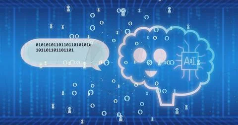 Image of ai data processing over binary coding on blue background 库存照片