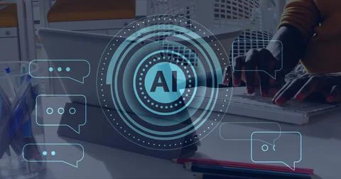 Image of ai data processing over african american woman typing on computer 스톡 사진