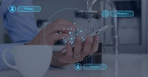 Image of ai data processing over caucasian man using smartphone Stock Photos