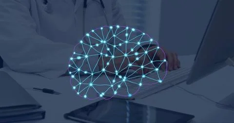 Image of ai data processing over caucasian male doctor typing on computer Stock Photos