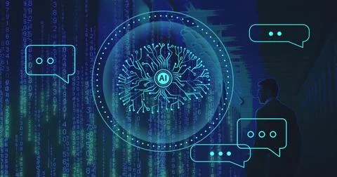 Image of ai data processing over caucasian man by computer servers 스톡 사진