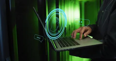 Image of ai data processing over african american man using laptop Stock-Fotos