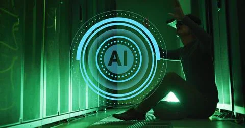 Image of ai data processing over asian man using vr headset and computer server Foto stock