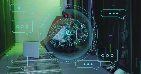 Image of ai data processing over asian man using vr fixing computer server Stock Photos