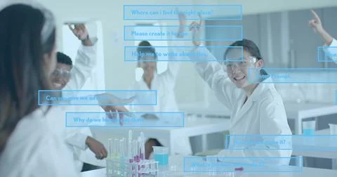 Image of ai data processing over diverse students in laboratory Foto stock