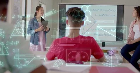 Image of ai data processing over diverse students at school Stock-Fotos