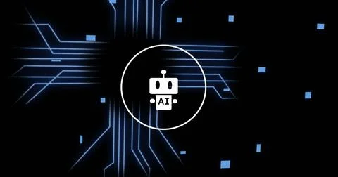 Image of ai data processing over chat bot and computer circuit board 스톡 사진