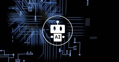 Image of ai data processing over chat bot and computer circuit board Stock Photos