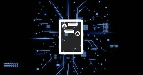 Image of ai data processing over chat bot and computer circuit board 스톡 사진