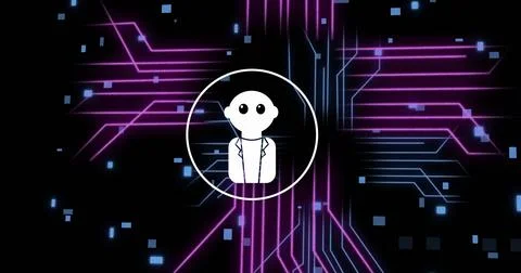 Image of ai data processing over chat bot and computer circuit board Foto stock