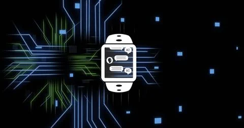 Image of ai data processing over smartwatch screen and computer circuit board Foto stock