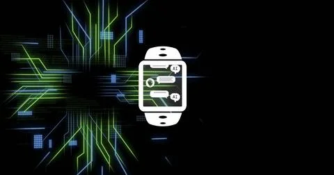 Image of ai data processing over smartwatch screen and computer circuit board Foto stock