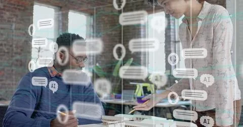 Image of ai data processing over diverse business people in office Stock Photos