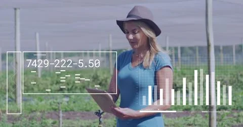 Image of ai data processing over caucasian businesswoman using tablet Stock Photos