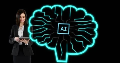 Image of ai data processing over caucasian businesswoman using tablet Stock Photos