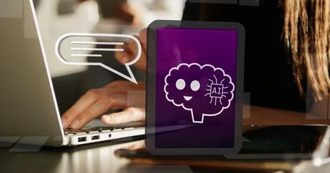 Image of ai data processing over caucasian businesswoman using tablet Stock Photos