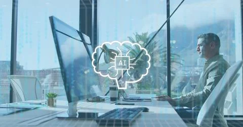 Image of ai data processing over caucasian businessman using laptop Stock Photos