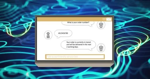 Image of ai data processing on screen over blue glowing lines on dark background Stockillustratie