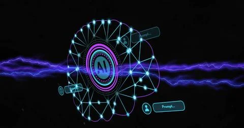 Image of ai digital data processing over scope on black background 스톡 사진