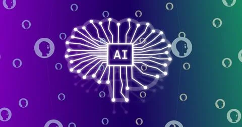 Image of ai icon and data processing on purple background Stock Photos