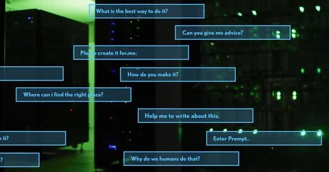 Image of ai interface dialogue boxes over dark server room Stockillustratie