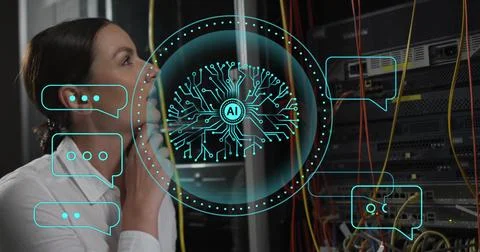 Image of ai scanner brain network and chat icons over caucasian female server 写真素材